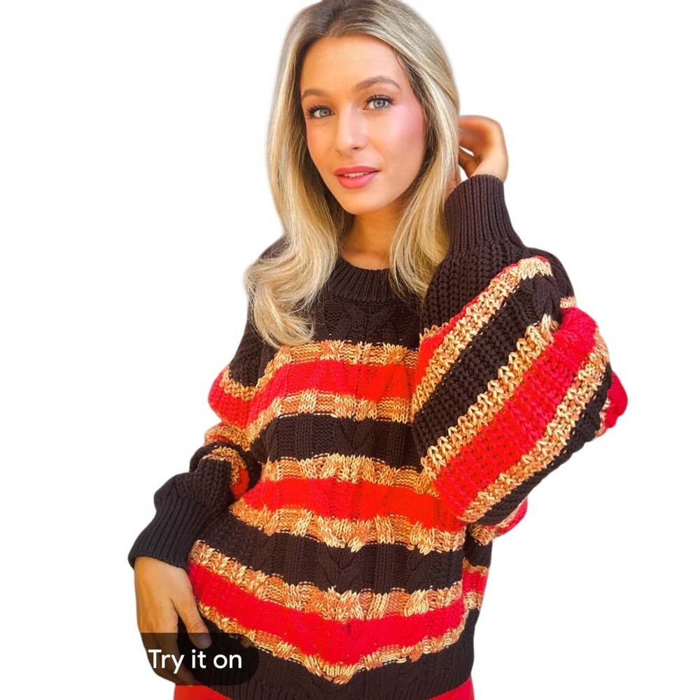 Free People Frankie Striped Cable Knit Pullover Chunky Sweater Small $108 Briwn